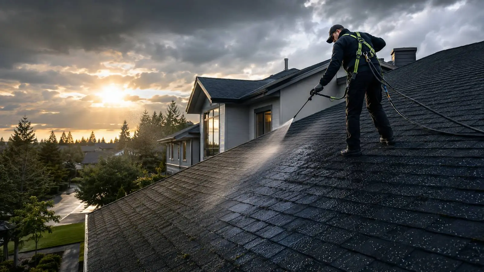 Contractor applying roof treatment to asphalt shingles